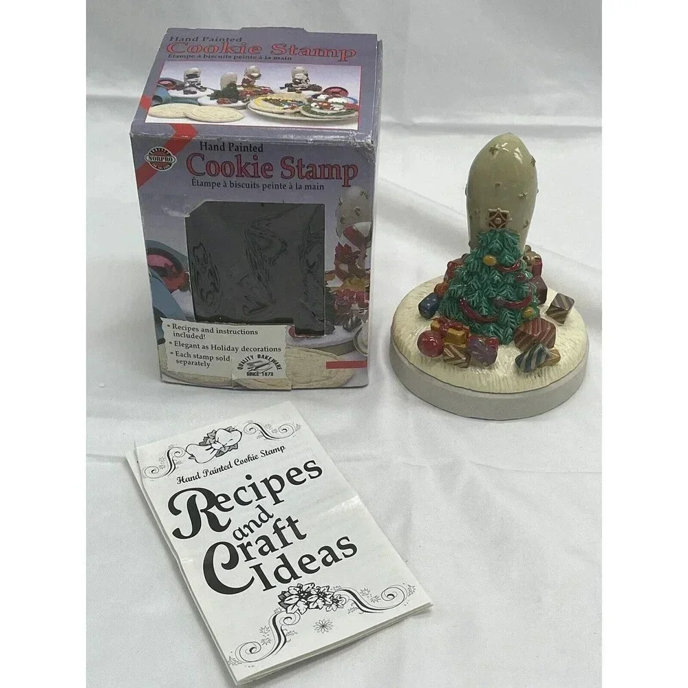 Vintage Norpro Christmas Tree Hand Painted Cookie Stamp 5” In Box